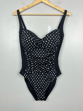 White House Black Market black & white polka dot retro modest 1 pc swimsuit, M.